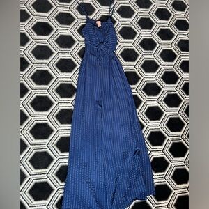 Blue pinstripe jumpsuit cutout back